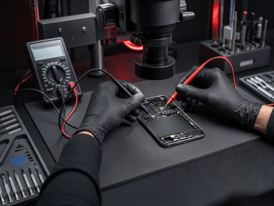 Technician MRFIX menjalankan pemeriksaan dan diagnosis telefon