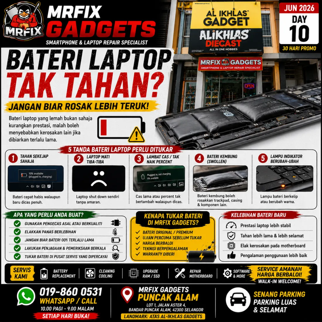 Weak laptop battery inspection at MRFIX Puncak Alam