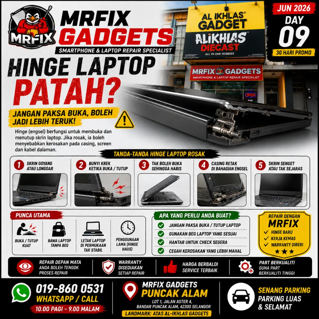 Broken laptop hinge repair for Puncak Alam customers