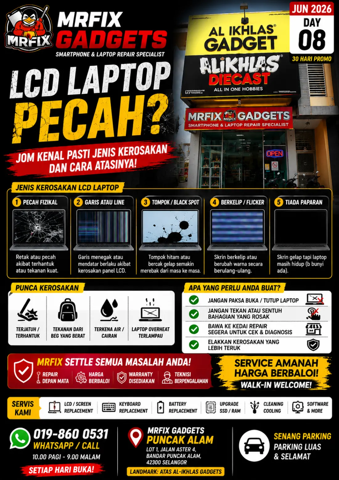 Servis LCD laptop pecah di MRFIX Puncak Alam