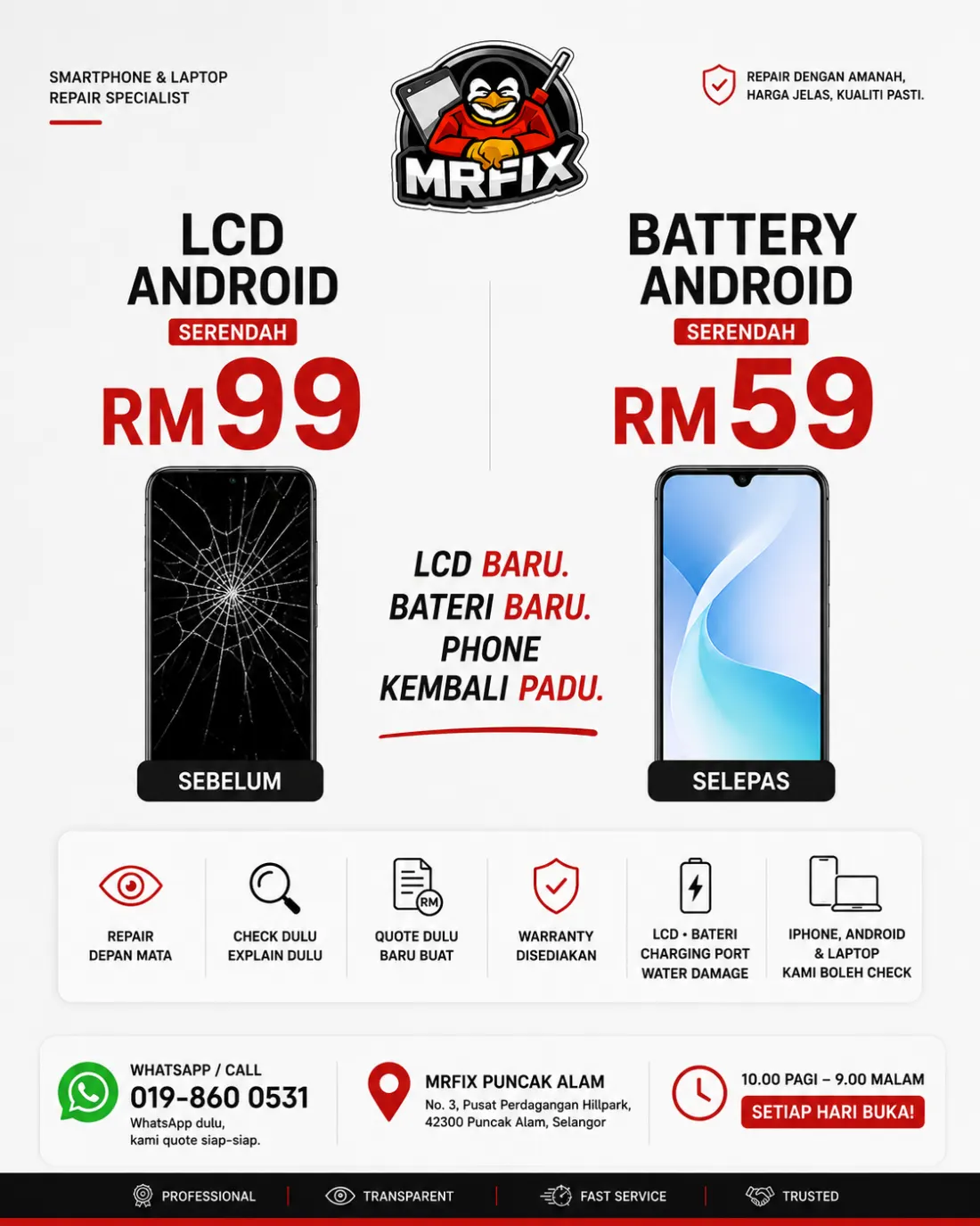 Android LCD and battery options at MRFIX Puncak Alam