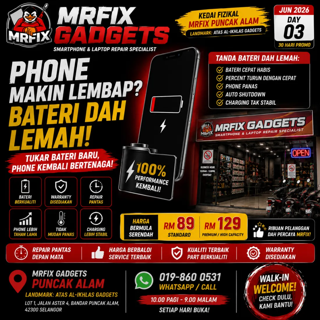 Weak phone battery symptoms for Puncak Alam users