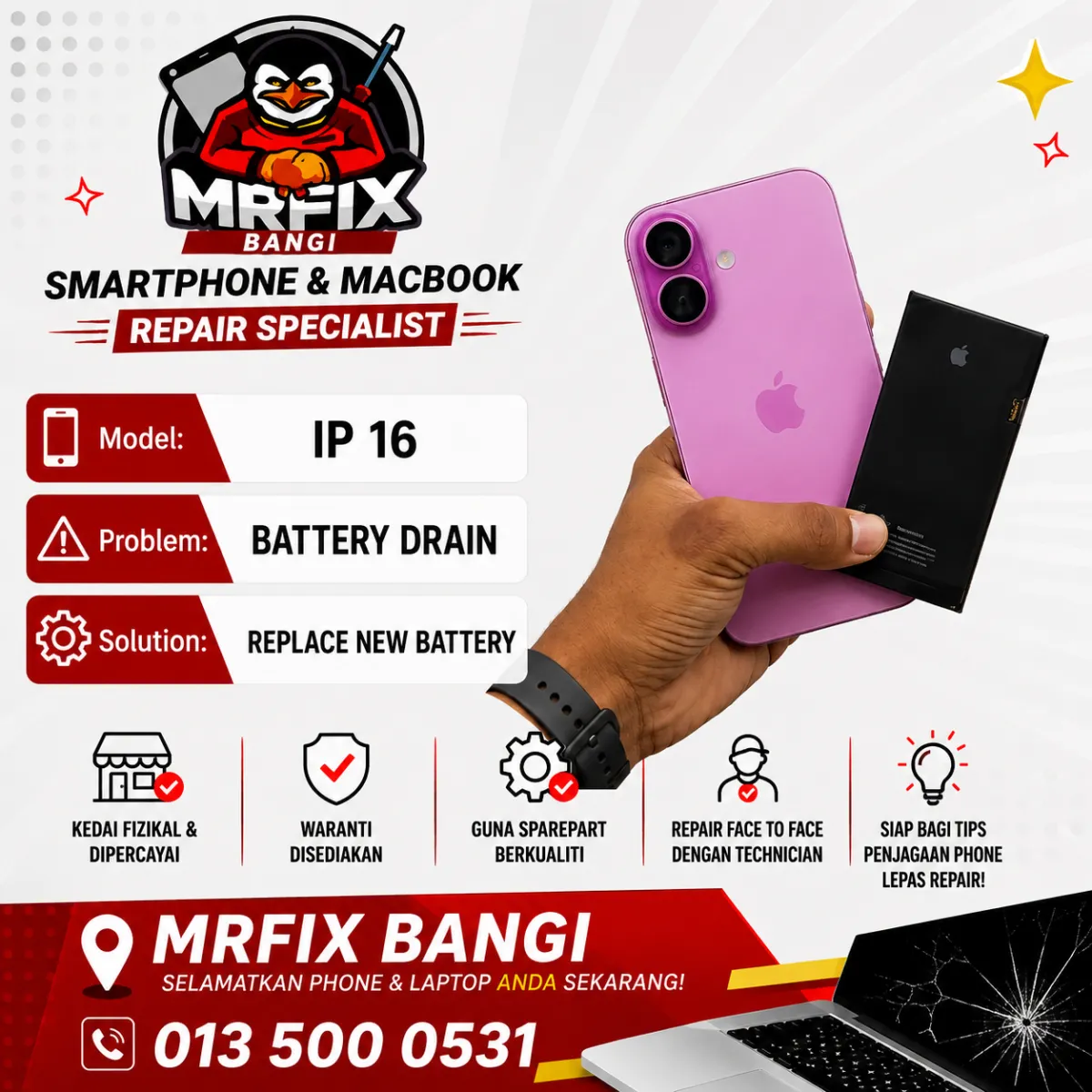 Tukar bateri iPhone di MRFIX Bangi