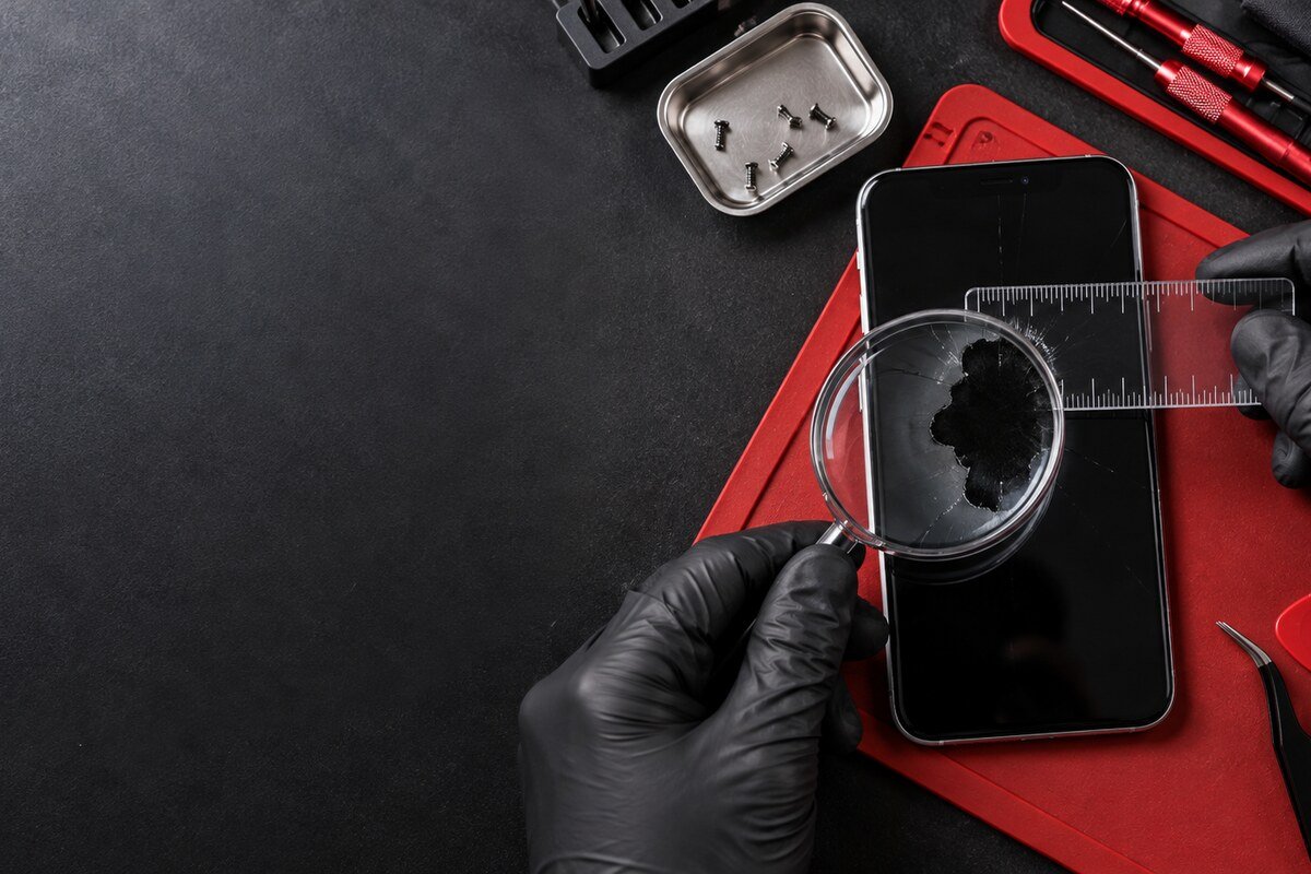 Black phone screen spot measured during inspection