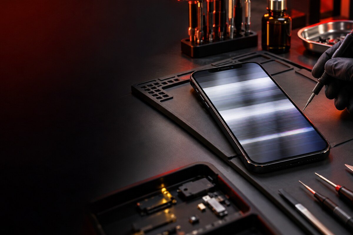 Technician reviewing a phone screen flicker pattern